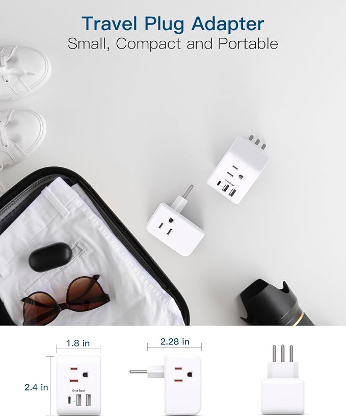 2 Pack Italy Travel Plug Adapter, Type L Italy Power Adapter | 3 Outlets 3 USB Ports(1USB C), 3 Prong Grounded Outlet Adaptor, Travel Plug Converter for USA to Italy Chile Uruguay Italian