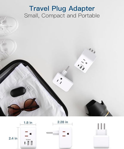 2 Pack Italy Travel Plug Adapter, Type L Italy Power Adapter | 3 Outlets 3 USB Ports(1USB C), 3 Prong Grounded Outlet Adaptor, Travel Plug Converter for USA to Italy Chile Uruguay Italian