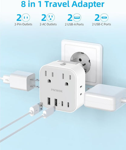 European Travel Plug Adapter Set, 8-in-1 Travel Adapter with 4 Outlets | Universal Travel Adapter, Type C/G/D/L/A/I Detachable Plugs, 4 USB Ports (2 USB C), US to UK/EU, International Power Adapter