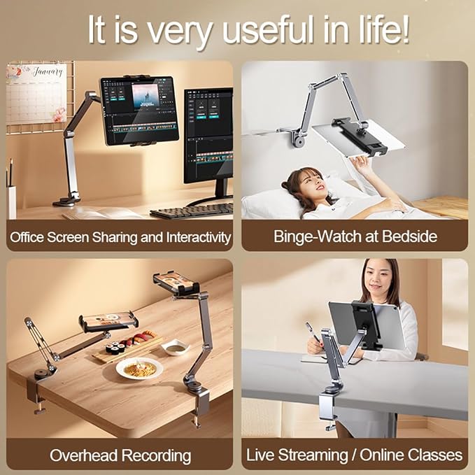 Heavy Duty Phone/Tablet Metal Holder for Bed Adjustable Foldable Stand for Desk Aluminum Universal Lazy Bracket 360° Rotation Flexible Long Arm for 4-13 Inch Devices (Silver, CT9)