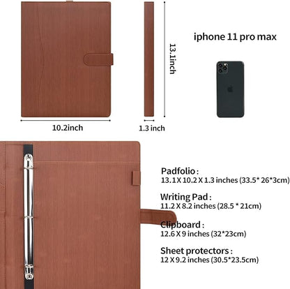 Wonderpool A4 PU Leather Portfolio Holder Ring File Document Case with Removable Binder Clipboard, Multi Pocket and Legal Pad for Business Organizer Interview and Meeting (Brown)