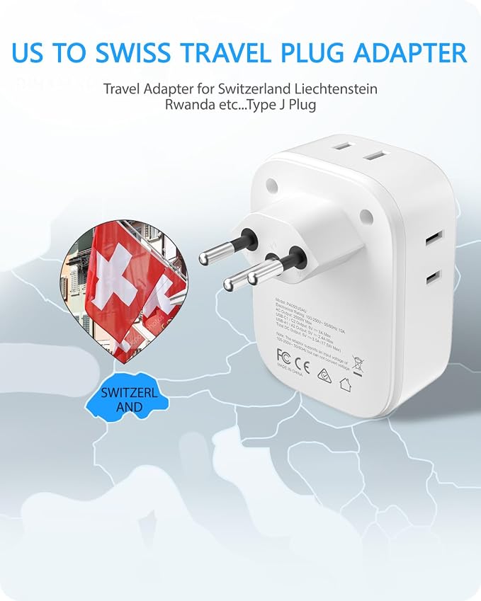 LENCENT Switzerland Travel Plug Adapter, Swiss Power Adaptor with 4 Outlets | 4 USB Ports (2 USB C), Type J Plug Converter for US to Switzerland, Liechtenstein, Rwanda, Safe Grounded