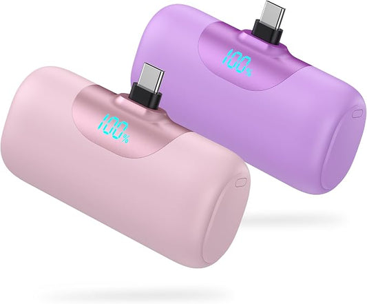 [2-Pack] 5500mAh Portable Charger for iPhone 17/16, LCD Display USB C Mini Power Bank,PDFast Charging Travel Lipstick Sized Battery Pack for iPhone 17/16/15 Pro Max, Galaxy S25/S24, Pixel(Pink+Purple)