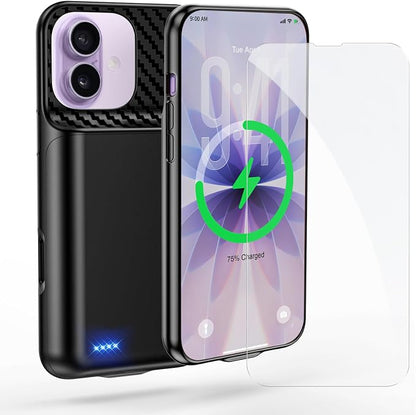 Battery Case for iPhone 16 Pro,17 (6.3 inch), 2026 Upgraded High Capacity 13800mAh Battery Pack Rechargeable Charger External Charging Case with Tempered Glass Screen Protector Black