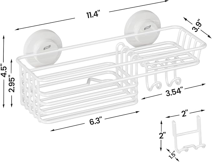 LEVERLOC Shower Caddy Suction Cup, Heavy Duty Bathroom Organizer for Inside Shower with Hooks & Soap Holder， NO-Drilling Bathroom Shower Holder-White
