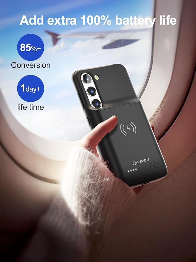 NEWDERY Battery Case for Samsung Galaxy S23, Qi Wireless Charging, Fast Charging, Sync Data Supported, 4700mAh Ultra Slim Portable Rechargeble Charger Case for S23 6.1" Black（Not for S23 Ultra/Plus