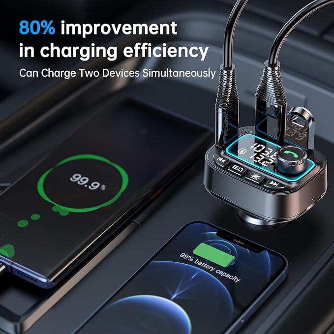 Bluetooth 5.3 Car Adapter FM Transmitter, 42W (PD30W & 12W) USB C Car Charger Wireless Radio Receiver, Hands-Free Calling MP3 Audio Player Cars Kit, Light Switch & Fast Charging & Deep Bass (Black)