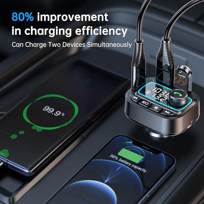 Bluetooth 5.3 Car Adapter FM Transmitter, 42W (PD30W & 12W) USB C Car Charger Wireless Radio Receiver, Hands-Free Calling MP3 Audio Player Cars Kit, Light Switch & Fast Charging & Deep Bass (Black)