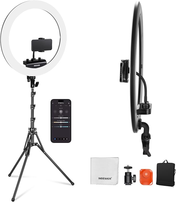 NEEWER RP18B Pro Ring Light 18" with Tripod Stand and Phone Holder Compatible with iPhone, 45W 2900K-7000K App Control Cleaning Cloth, Selfie Video Recording Makeup Studio Streaming Lighting, Black