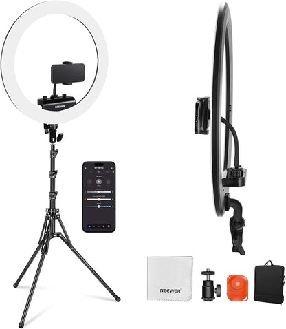 NEEWER RP18B Pro Ring Light 18" with Tripod Stand and Phone Holder Compatible with iPhone, 45W 2900K-7000K App Control Cleaning Cloth, Selfie Video Recording Makeup Studio Streaming Lighting, Black