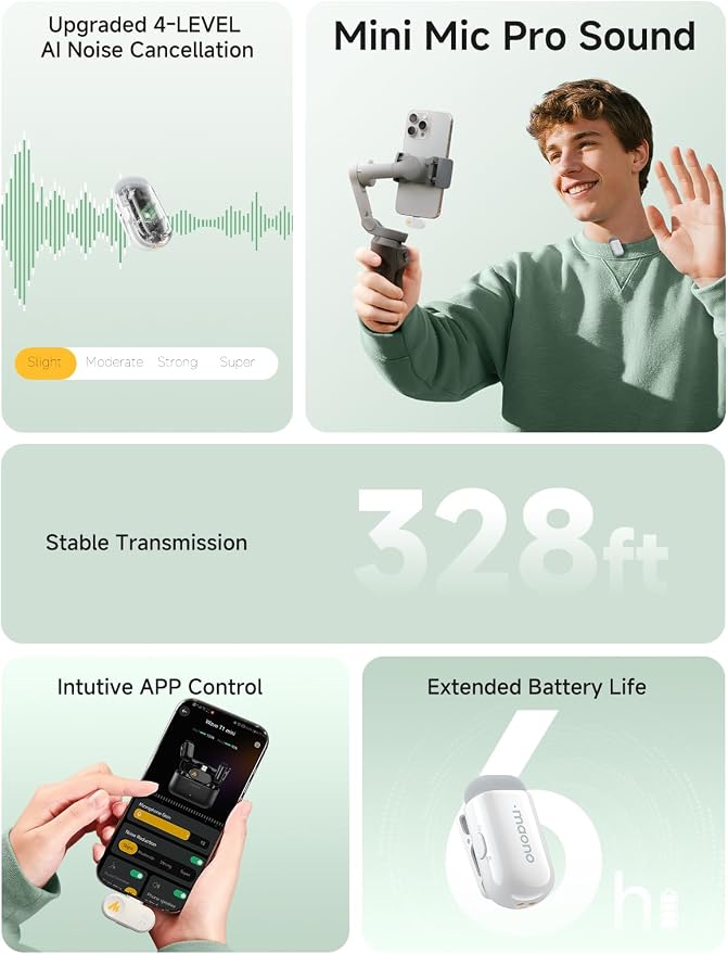 MAONO Wave T1 Mini Wireless Lavalier Microphone with USB-C Plug for iPhone 16 15, Android, Tablet, PC, Clip on Lapel Mic, Noise Cancellation, AI Voice Filter for Video Recording Vlog TikTok White