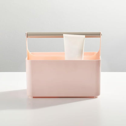 mDesign Under Sink Storage – Plastic and Metal Bathroom Caddy for Shampoo and Soaps – Portable Cosmetics Storage Organiser – Blush/Satin