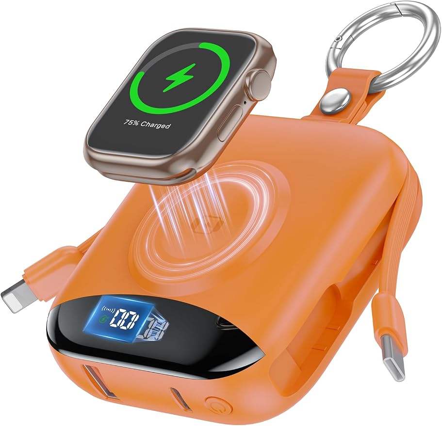 Portable Charger, 10000mAh 22.5W Fast Charging Power Bank with Built-in Cables, Travel Essentials Battery Pack with LED Display for iPhone, Portable iWatch Charger for 11/10/9/8/7/6/5/SE/Ultra Orange
