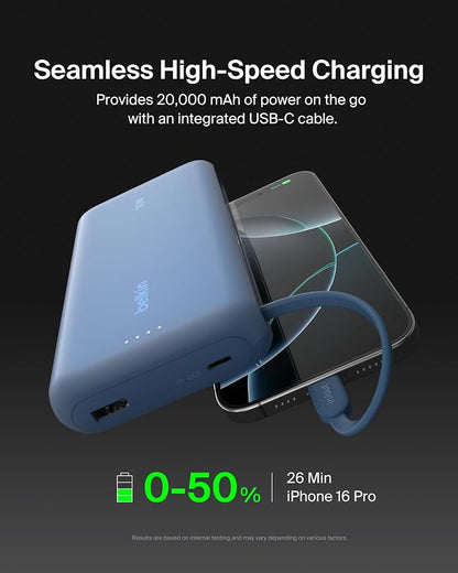 Belkin Power Bank with Integrated Cable, Fast Charging USB-C, 20000 mAh 30W, Portable Charger Power Bank USB C for iPhone 17, Air, Pro, Pro Max, iPad, AirPods, Apple Watch, Galaxy S25, & More - Blue