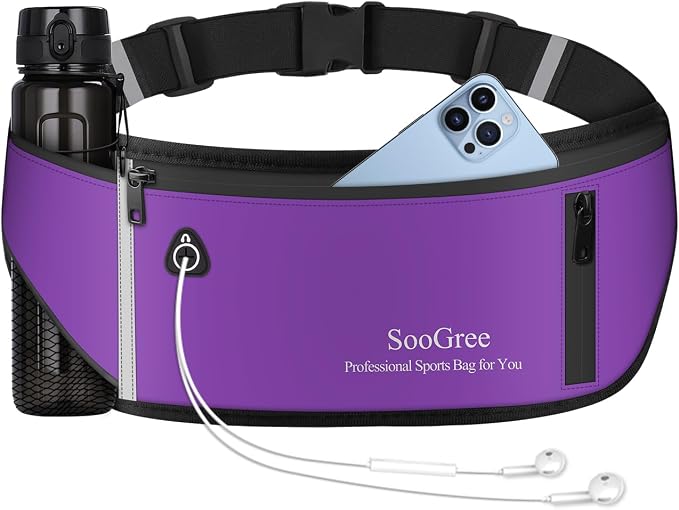 SooGree Slim Running Belt Fanny Pack, Resistant Waist Pack Money Belt Bag for Hiking Cycling Workout, Gym Phone Holder with Adjustable Strap (Purple)