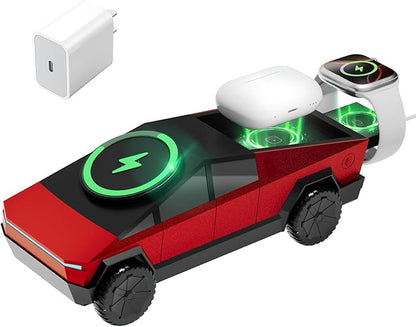 CyberDock 3-in-1 Wireless Charging Station, Cybertruck 1:25 Scale Charger with Qi2 Certified 15W Charging for iPhone iWatch AirPods, Magnetic Rotating Charger with Ambient Light, 30W Adapter, Red