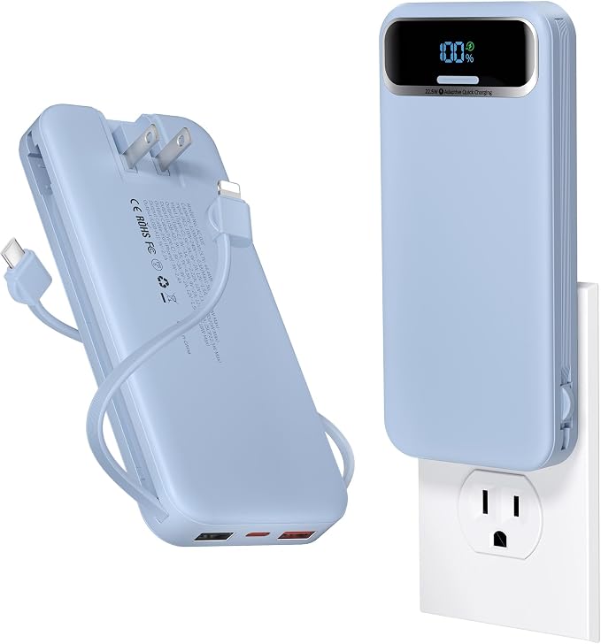 12000mAh Lightweight-Portable-Charger-Power-Bank with Built-in Cables and AC Wall Plug, PD20W USB-C Fast Charging Battery Pack, LED Display External Travel Phone Charger for All iPhone,Samsung,Android
