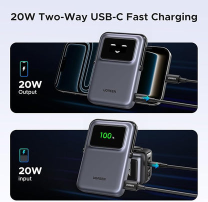 UGREEN Uno 10000mAh Magnetic Portable Charger, Qi 7.5W Wireless Power Bank, PD 20W USB C Battery Pack with Foldable Stand and TFT Display MagSafe Compatible iPhone 17/16 /15/14/13/12 Series, Black