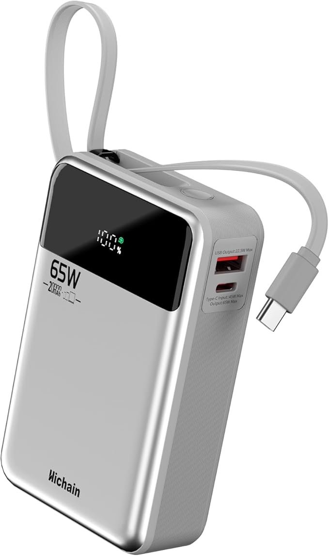 Hichain Laptop Power Bank 65W 20000mAh Portable Charger with Built-in USB-C Cable, 3-Port Fast Charging Battery Pack for MacBook iPhone 17 16/15 Series Android Switch Travel Essential Silver