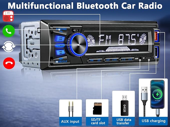 Car Radio Bluetooth Single DIN Car Stereo Audio,Car Audio with Push to Talk Button for Handsfree Calling,Supports FM/ MP3/EQ/SD/AUX,Dual USB,iOS & Android App Control,7 LED Colors | Not CD Player