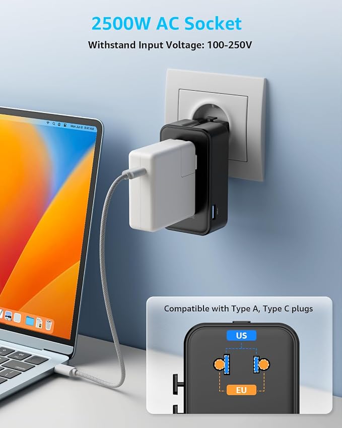 “Air” Universal Travel Adapter 3 USB-C＆ 1 USB-A Cover 200+ Countries | GaN 45W, International Plug Adapter, All in One Portable Adapter, NOT A Voltage Converter, for USA, UK, EU, AU (Black)