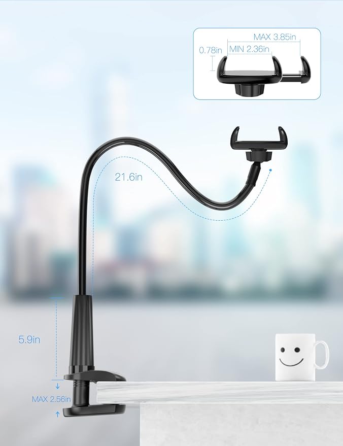 Tryone Gooseneck Phone Holder Hands-Free for Phone Viewing Or Recording, Adjustable Stable Metal Cell Stand Mount for Desk Table Bed, Soporte para Celular, Fits 4-7 Phones Including iPhone - Black