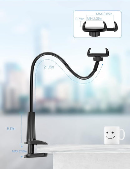 Tryone Gooseneck Phone Holder Hands-Free for Phone Viewing Or Recording, Adjustable Stable Metal Cell Stand Mount for Desk Table Bed, Soporte para Celular, Fits 4-7 Phones Including iPhone - Black