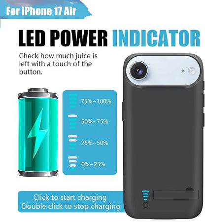 Battery Case for iPhone 17 Air, 6000mAh Rechargeable Extended Battery Charging/Charger Case, Add 100% Extra Juice (6.5 Inches) Black