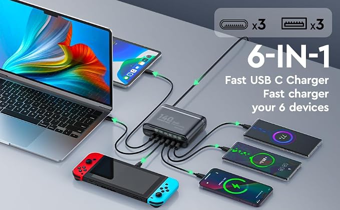 GaN 140W USB C Charger Block 6 Port Multi USB Charging Station Hub Power Digital Display 100W Laptop Charger Type c Universal Travel Adapter EU/UK/US Plug Compatible with MacBook Pro/iPhone/Laptop