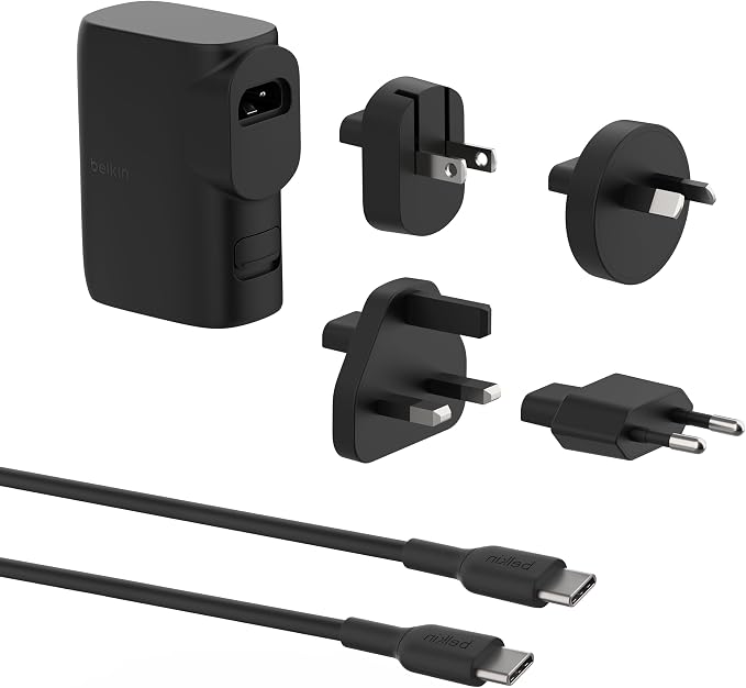 Belkin Portable Charger, Hybrid Power Bank 5K + Wall Charger 25W w/Travel Adapter Kit, Portable w/Interchangeable Regional Power Plugs, USB-C & USB-A Ports + 3ft Type-C Cable to Type-C Cable - Black