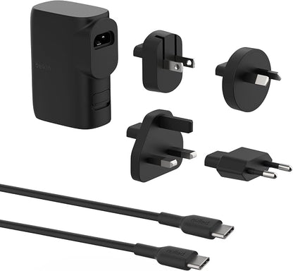 Belkin Portable Charger, Hybrid Power Bank 5K + Wall Charger 25W w/Travel Adapter Kit, Portable w/Interchangeable Regional Power Plugs, USB-C & USB-A Ports + 3ft Type-C Cable to Type-C Cable - Black