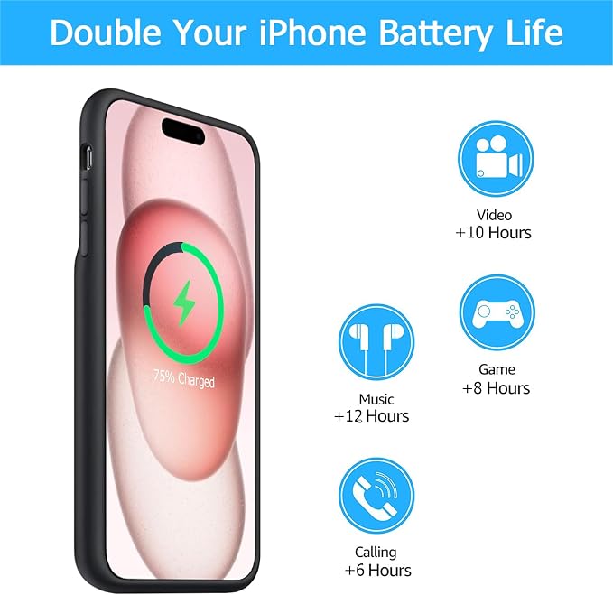 Battery Case for iPhone 15 Plus, [12000mAh] Enhanced Rechargeable Portable Qi Wireless Charger Case Battery Pack Support CarPlay Wireless Charging Case Compatible with iPhone 15 Plus (6.7 inch)-Black