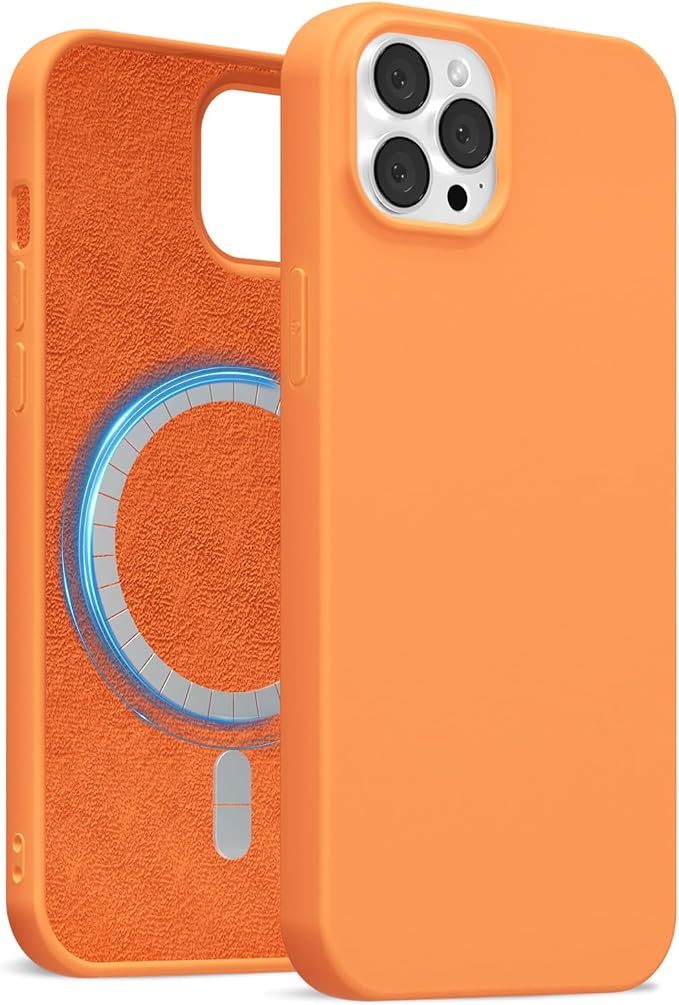 for iPhone 12 Pro Max Case Silicone Compatible with Magsafe Case, Ultra Slim Thin Magnetic Phone Cases Mag Safe, Cute Soft Rubber Gel Matte Plain Wireless Charging Cover for Women, Neon Orange