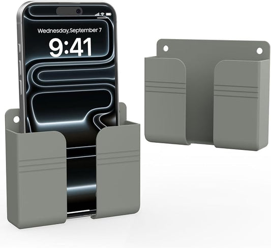 Wall Mounted Phone Holder with Adhesive, No-Drill Phone Stand for Charging, Built-in Cable Slot, Phone Holder for Bathroom, Bedroom, Kitchen, RV, Compatible with iPhone & Android, Gray