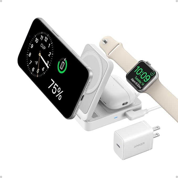 Anker MagGo 3 in 1 iPhone 17 Charging Station, MagSafe-Compatible Wireless Charger Stand, Qi2 Certified 15W Foldable Charger for iPhone 17/16/15/14/13/12, AirPods, Apple Watch Ultra(Adapter Included)