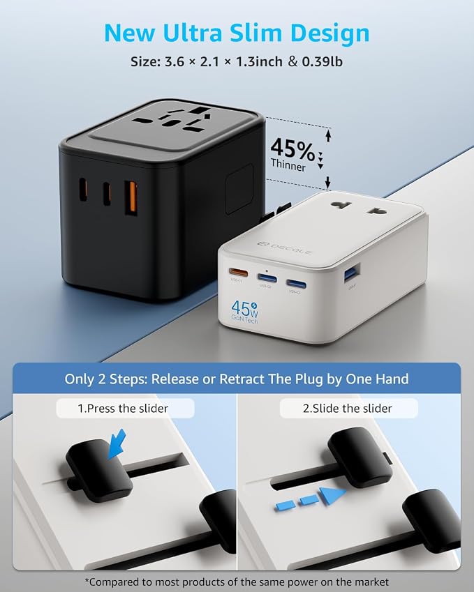 “Air” Universal Travel Adapter 3 USB-C＆ 1 USB-A Cover 200+ Countries | GaN 45W, International Plug Adapter, All in One Portable Adapter, NOT A Voltage Converter, for USA, UK, EU, AU (White)