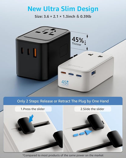 “Air” Universal Travel Adapter 3 USB-C＆ 1 USB-A Cover 200+ Countries | GaN 45W, International Plug Adapter, All in One Portable Adapter, NOT A Voltage Converter, for USA, UK, EU, AU (White)
