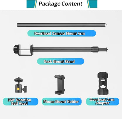 Camera Desk Mount Webcam Stand with Overhead Articulating Magic Boom Arm 1/4" Ball Head for DSLR Tripod, Adjustable Light Stand, Tabletop C Clamp for Ring Light Photo Video Shooting Live Streaming