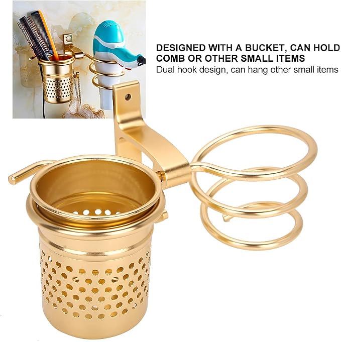 TOPINCN Hair Dryer Holder with Aluminum Storage Holder Wall Mount Hair Dryer Holder Wall Phone Holder with Fixing Screws for Hair Dryer, Hair Straightener(Gold)