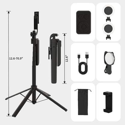 Auto Face Tracking Selfie Stick Tripod with Fill Light, 360 Rotation & Gesture Control, 70.9" Selfie Stick Tripod for iPhone with Remote for for TikTok/Vlog/Live Stream/Video Recording