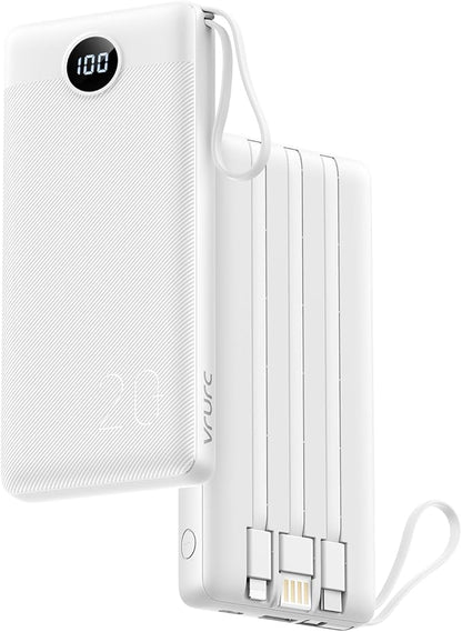 VRURC Portable Charger 20000mAh, Built-in Cables Fast Charging Power Bank, PD QC 3.0 Travel Essentials Battery Pack, 4 Output & 2 Input Phone Charger for iPhone16 15 14 13 X, Samsung, Android