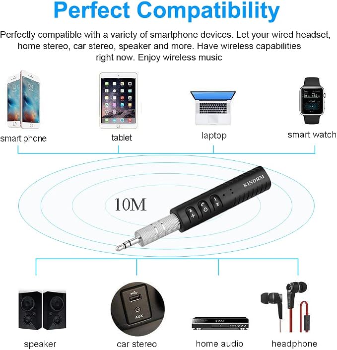 Bluetooth Audio Adapter, Portable Noise Cancelling Bluetooth 5.0 Stereo Receiver, Mini 3.5mm Wireless Aux Adapter for Wired Headphones Car/Home Stereo System, Hands-Free Calling & Music Playing
