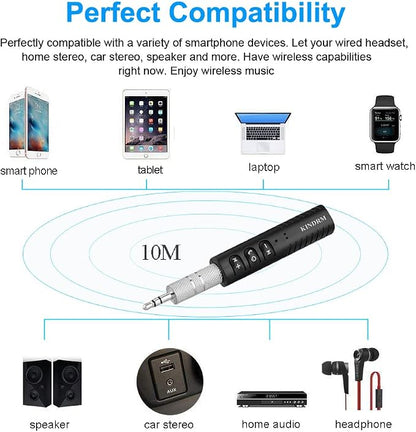 Bluetooth Audio Adapter, Portable Noise Cancelling Bluetooth 5.0 Stereo Receiver, Mini 3.5mm Wireless Aux Adapter for Wired Headphones Car/Home Stereo System, Hands-Free Calling & Music Playing