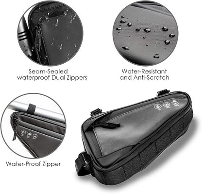 WOTOW Bike Frame Storage Bag, Water Resistant Reflective Bicycle Triangle Bag with Two Side Pockets, Strap-On Under Seat Tool Accessories Pouch for Mountain Road Bike Trip (2L)