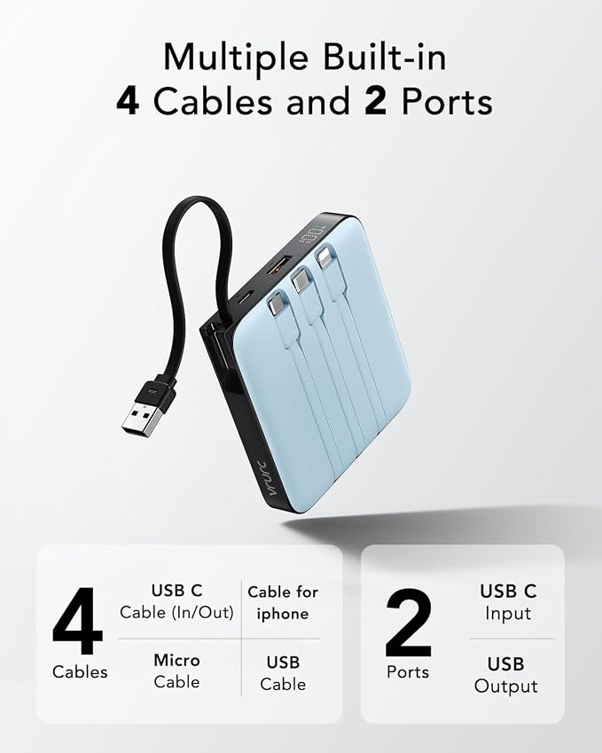 20000mAh Portable Charger Fast Charging with Built-in 4 Cables, Battery Pack Charger Portable PD 20W, Power Bank for iPhone 17 16 15 14 13 12 11 X Samsung Galaxy Series Android Phone,Blue(1Pack)