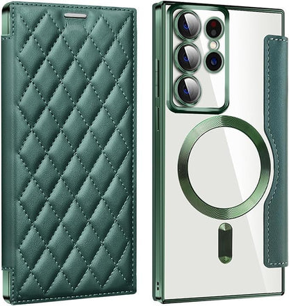 Leather Case for Samsung Galaxy S25 Ultra/S25 Plus/S25, RFID Blocking Flip Case Wireless Charging Magnetic with Card Holder Phone Cover (Green,S25 Plus)
