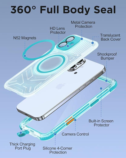 for iPhone 16 Plus Waterproof Case with Magsafe, Built-in [Camera & Screen Protector] [Lanyard], IP68 Water Proof Full Body Dustproof Heavy Duty Frosted Protective Phone Cover, 6.7" Teal