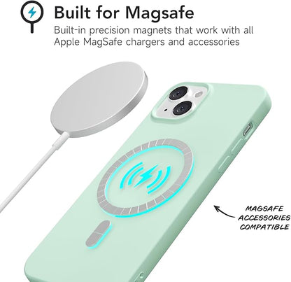 for iPhone 14/ iPhone 13 Case Silicone Compatible with Magsafe Case, Ultra Slim Thin Magnetic Phone Cases Mag Safe, Cute Soft Rubber Gel TPU Matte Wireless Charging Cover for Women, Mint Green