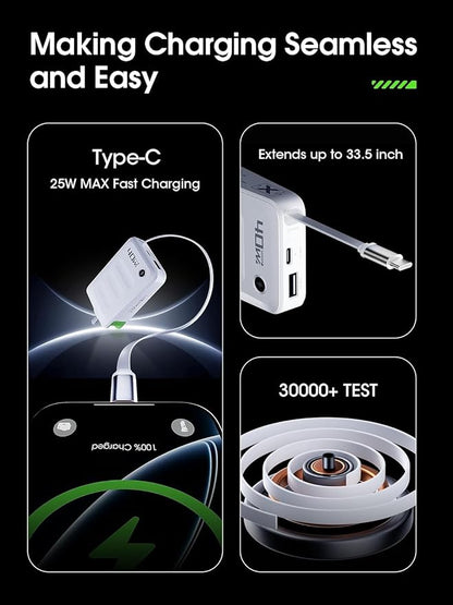 2026 ETODBUWS 3 in 1 GaN Charger,40W PD Fast Charging Blocks with Retractable Type C Cable and Dual Port Travel Charger,USB Chargers with Foldable Plug for iPhone 17/16/15,Galaxy,Pixel-White