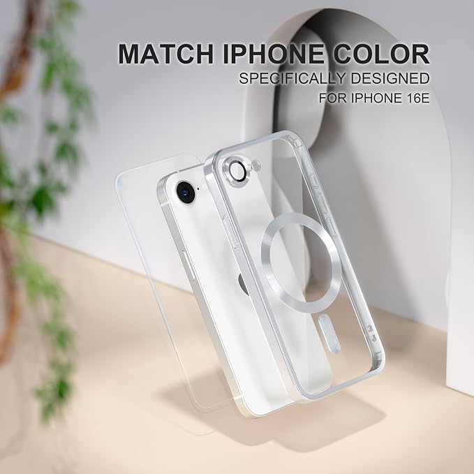 Misea Magnetic for iPhone 17e / 16e Case Compatible with MagSafe [Never Yellowing] [Military Grade Drop Protection] Full Camera Lens Protector Plating Soft Clear Phone Case for Women 6.1 inch, Silver